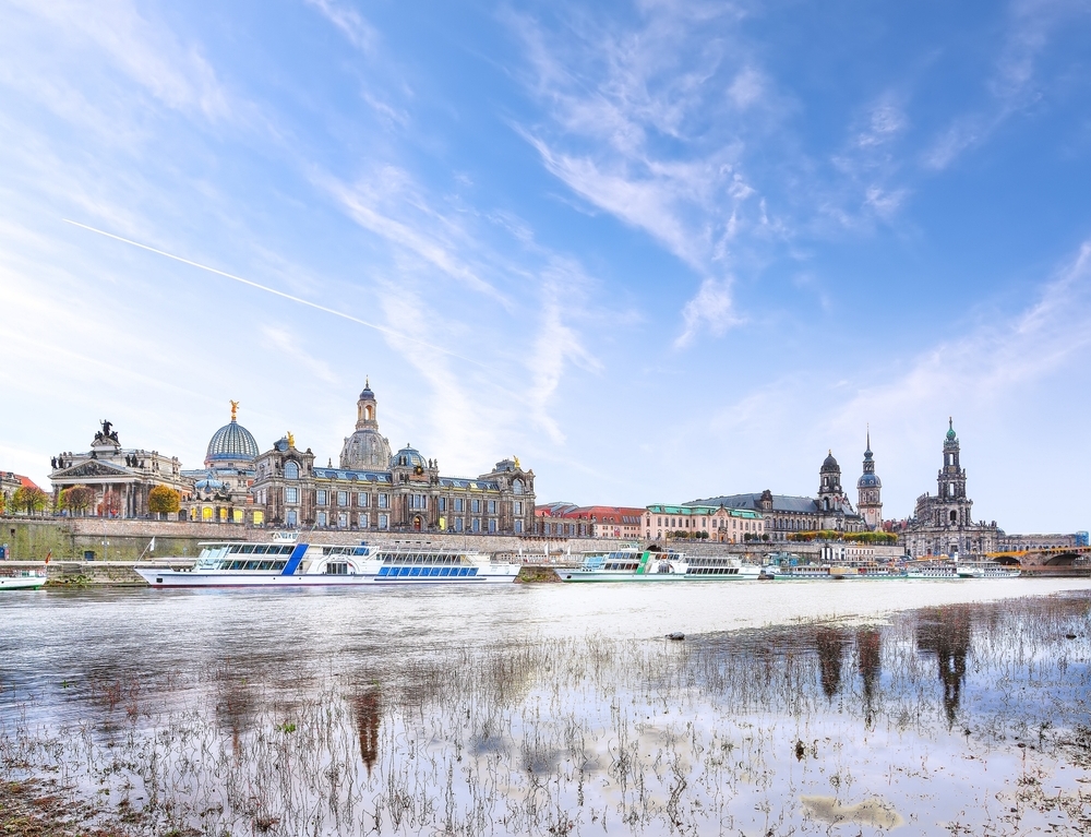 The River Elbe and skyline of Dresden with a dusting of snow