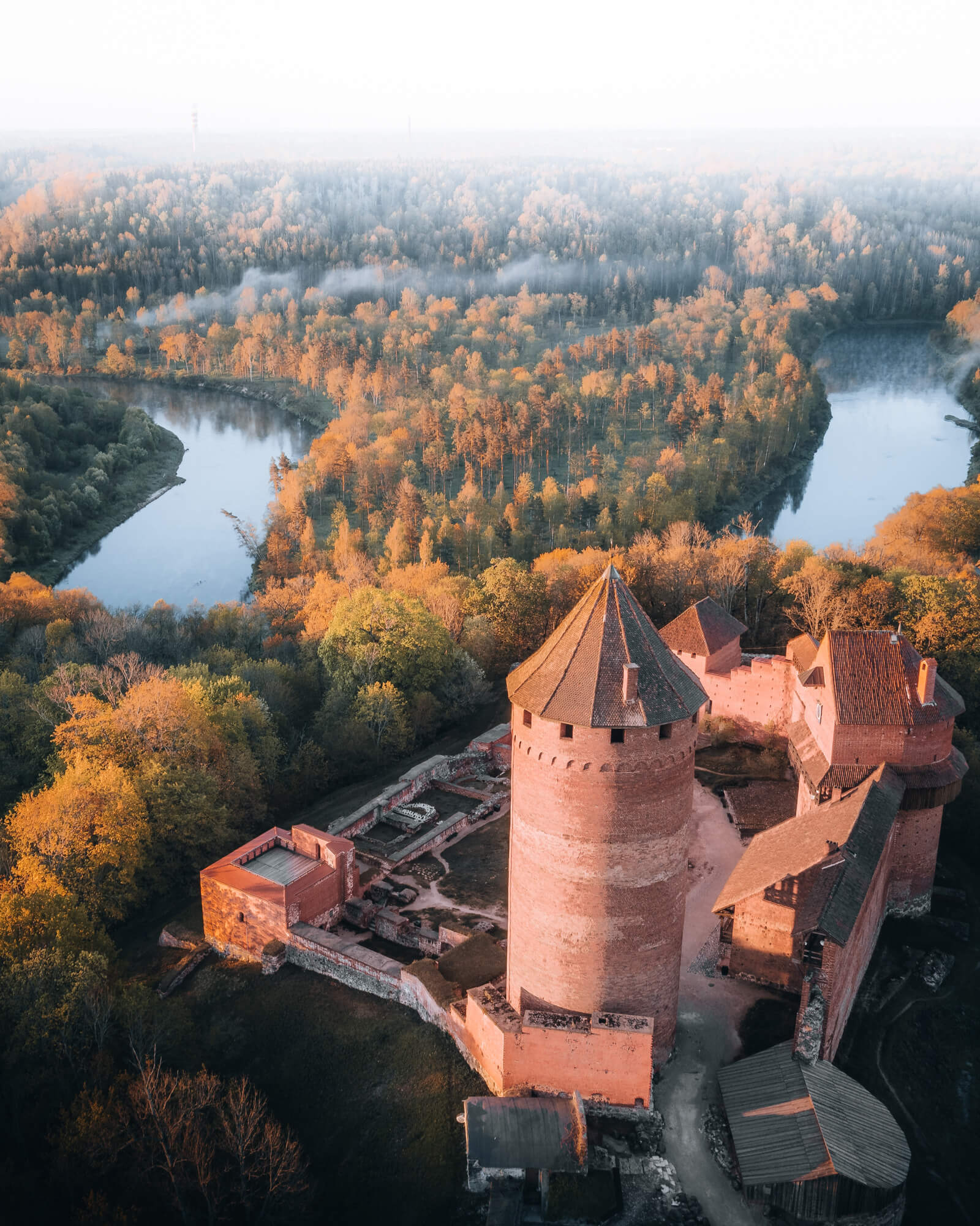 An aerial view of a. castle in Sigulda, Latvia