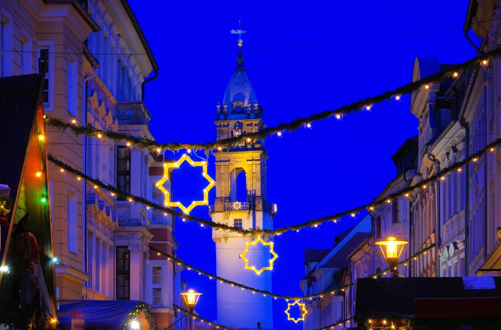 Holiday lights strung between buildings in Bautzen, Germany