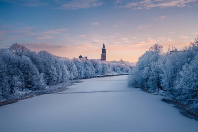 The frozen Aura River in Turku