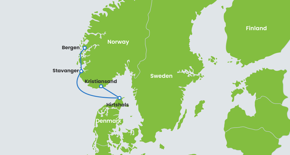 Mapa com a rota da balsa Fjordline