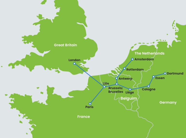 Mapa com rotas do Eurostar