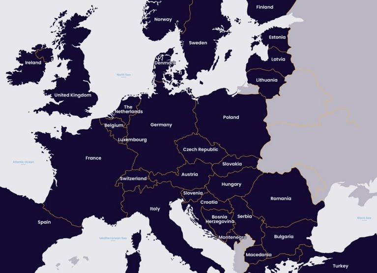 Mapa de 33 países incluidos en la red ferroviaria de Eurail