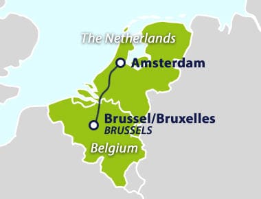 Map with train route Amsterdam to Brussels