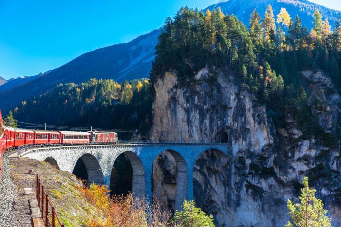 Trains run along the Albula Railway, one of the most spectacular narrow gauge railways in the world.