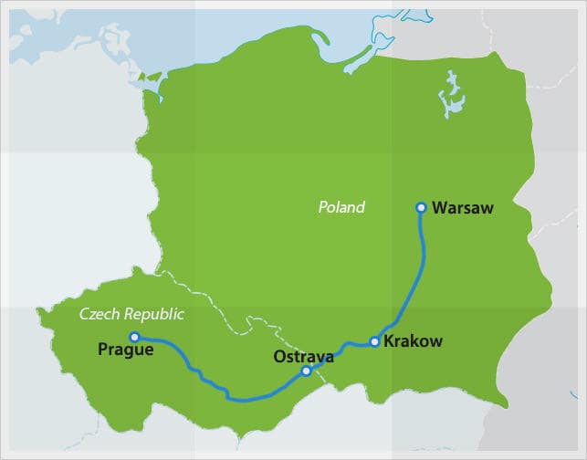 チェコ共和国 - ポーランド夜行列車の路線図