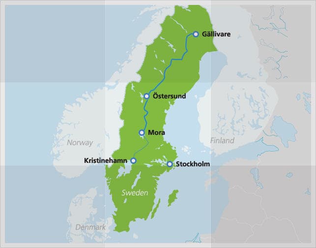 Mapa con la ruta de Inlandsbanan