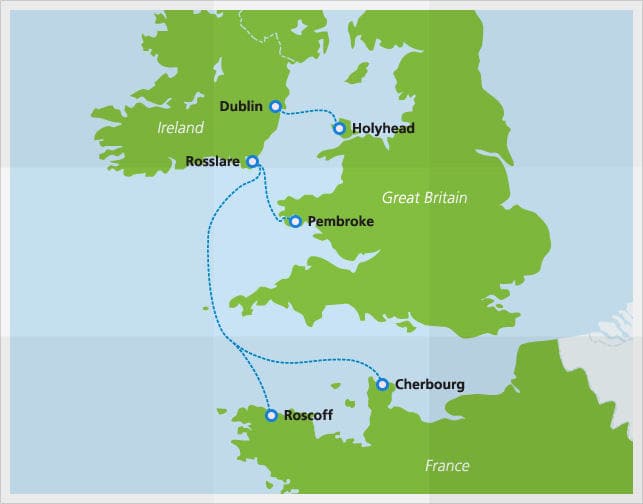Mapa com as rotas da Irish Ferries