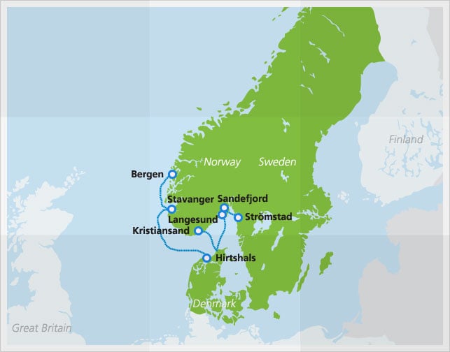 Mapa com a rota da balsa Fjordline