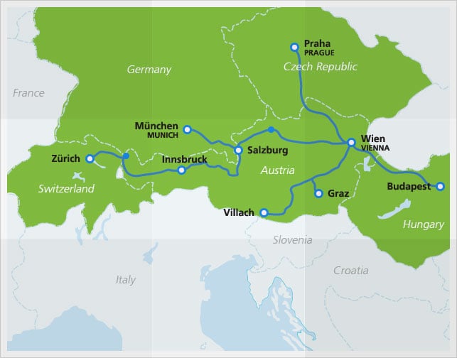 레일젯(Railjet) 열차 노선 지도