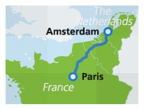 Map with train route Paris to Amsterdam