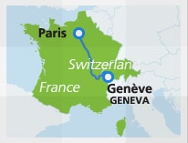 Map with train route Paris to Geneva