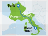 Map with train route Paris to Rome