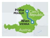 Map with train route Prague to Vienna