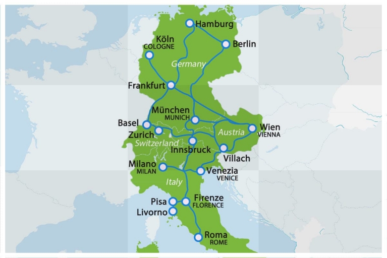 Mapa com as rotas do ÖBB Nightjet