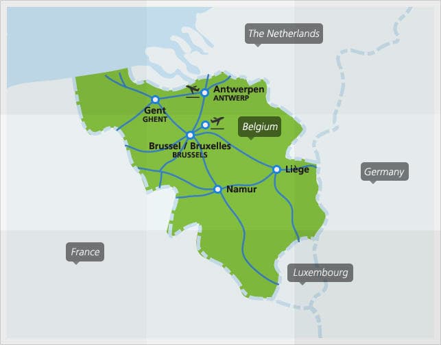 Mapa con conexiones de tren principales en Bélgica
