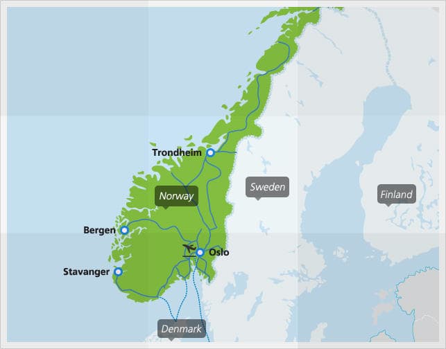 含有挪威主要列车路线的地图