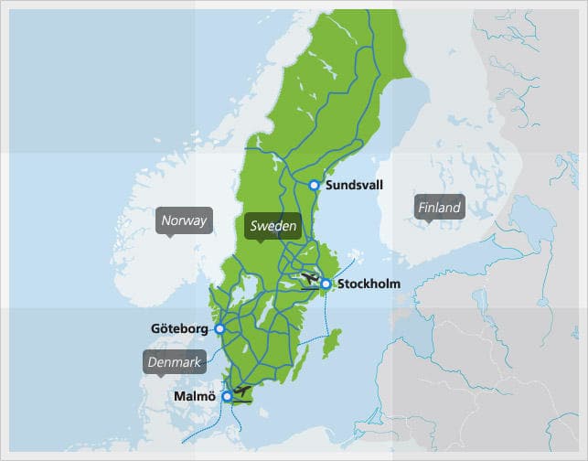 Mapa con conexiones de tren principales en Suecia