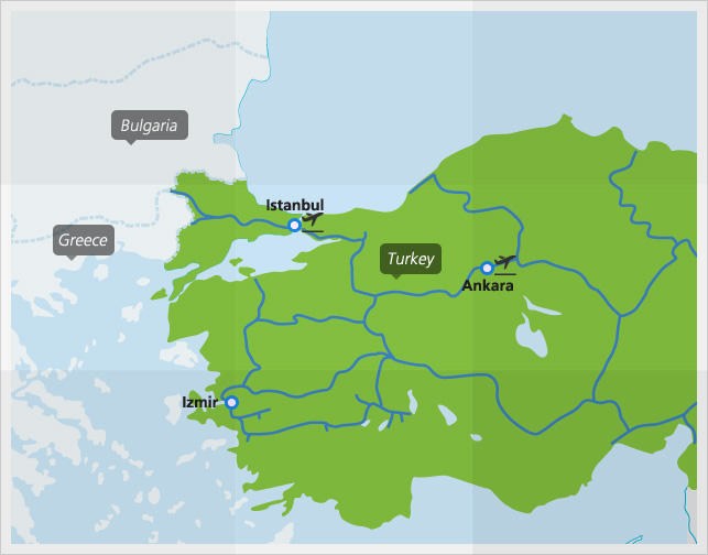 Mapa con conexiones de tren principales en Turquía