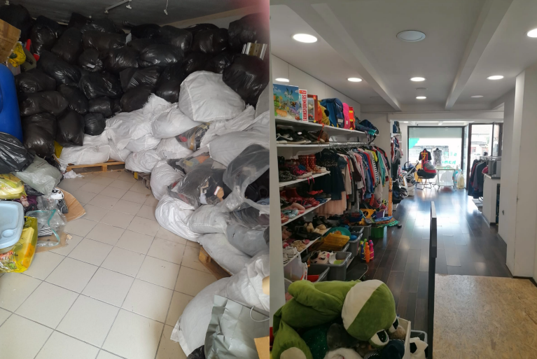 À direita, o espaço de varejo da Humana Zagreb. À esquerda, sacos de roupas doadas coletadas pela Humana Zagreb. (Crédito: Humana Zagreb)
