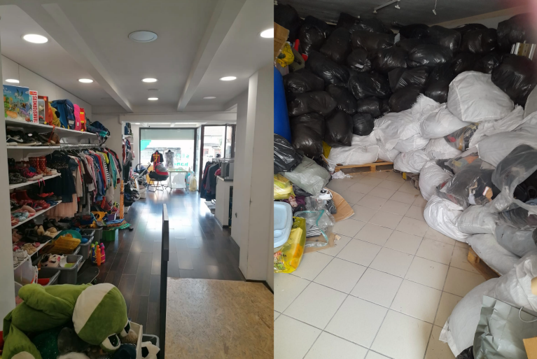 On the right, Humana Zagreb's retail space. On the left,  bags of donated clothing collected by Humana Zagreb. (Credit: Humana Zagreb)