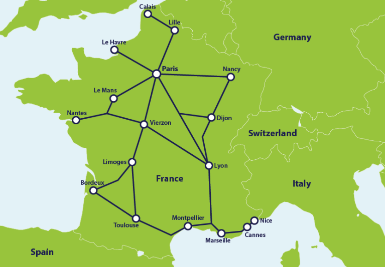 Mapa con rutas populares de trenes en Francia