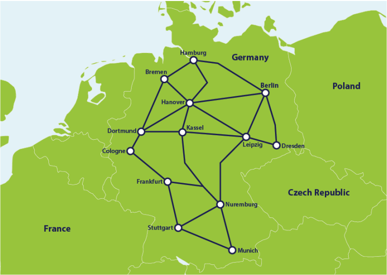 含有德国主要列车路线的地图