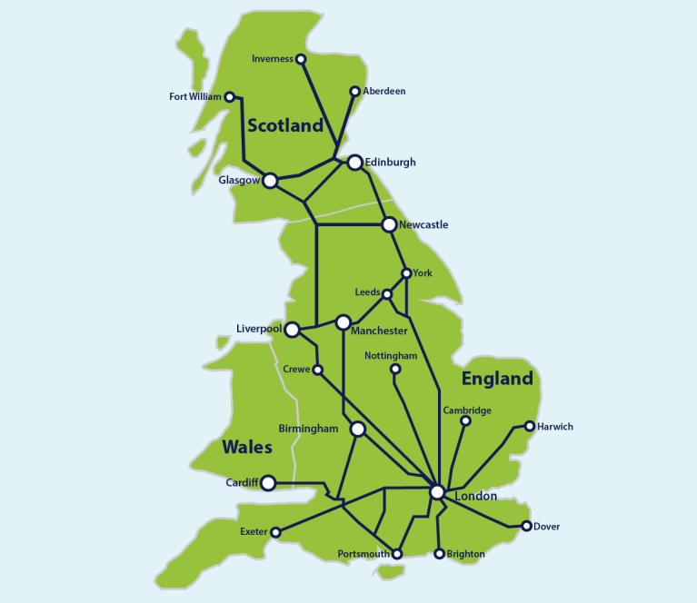 イギリスの主要鉄道路線図