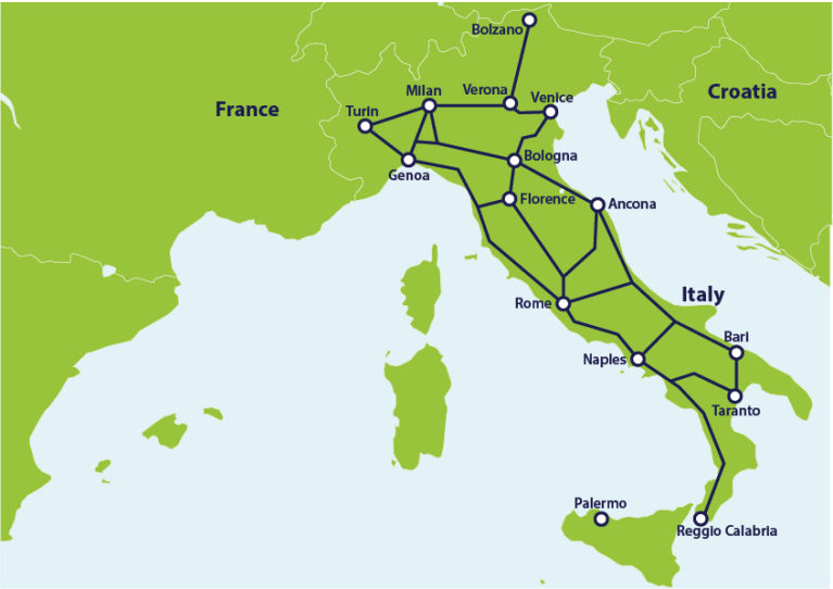 Mapa com as principais conexões de trem na Itália