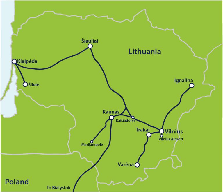 Mapa de las principales rutas de trenes en Lituania