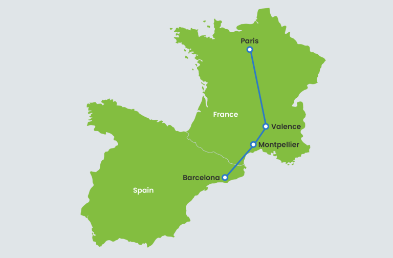 Mapa con la ruta del tren TGV INOUI de alta velocidad de SNFC