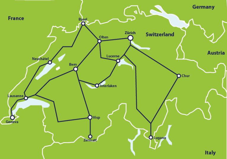Map with main train connections in Switzerland