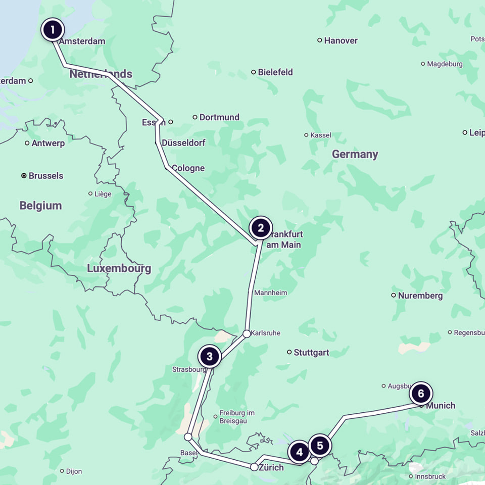 A map showing the route from Amsterdam to Munich