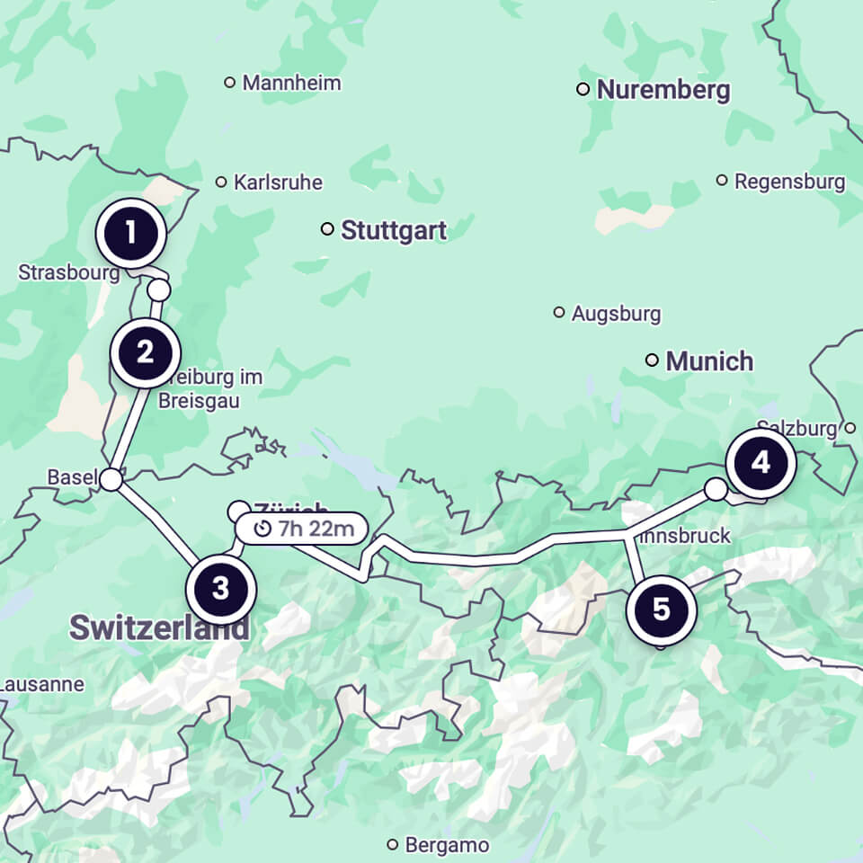 A map showing the route of the itinerary