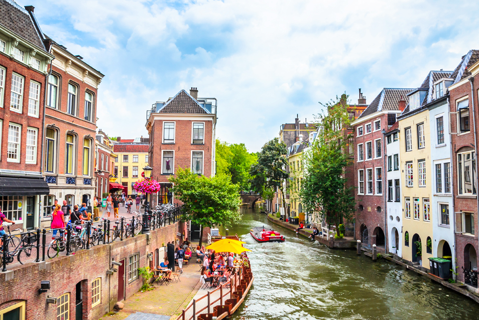 Traditional Dutch houses along the Oudegracht canal in the center of Utrecht, Netherlands