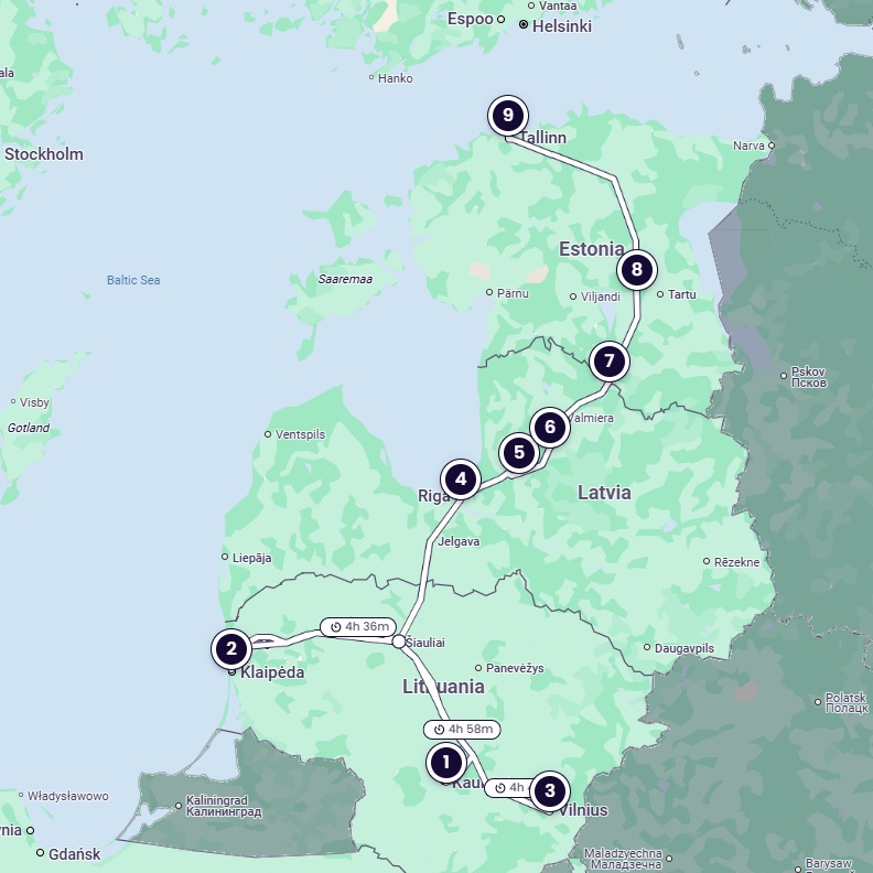 Mapa de la ruta del itinerario que va desde el centro sur de Lituania, pasando por Letonia hacia el norte y hasta la costa norte de Estonia.