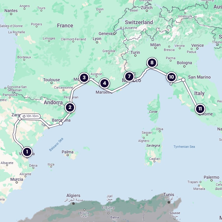 Mapa de la ruta itineraria que rodea el Mediterráneo de oeste a este, comenzando en España, atravesando Francia y terminando en Italia