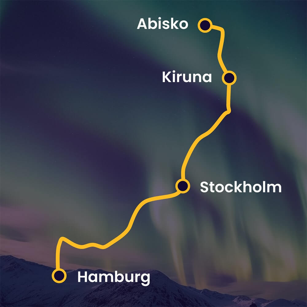 Mapa que representa el viaje en tren de Hamburgo a Estocolmo, Kiruna y Abisko 