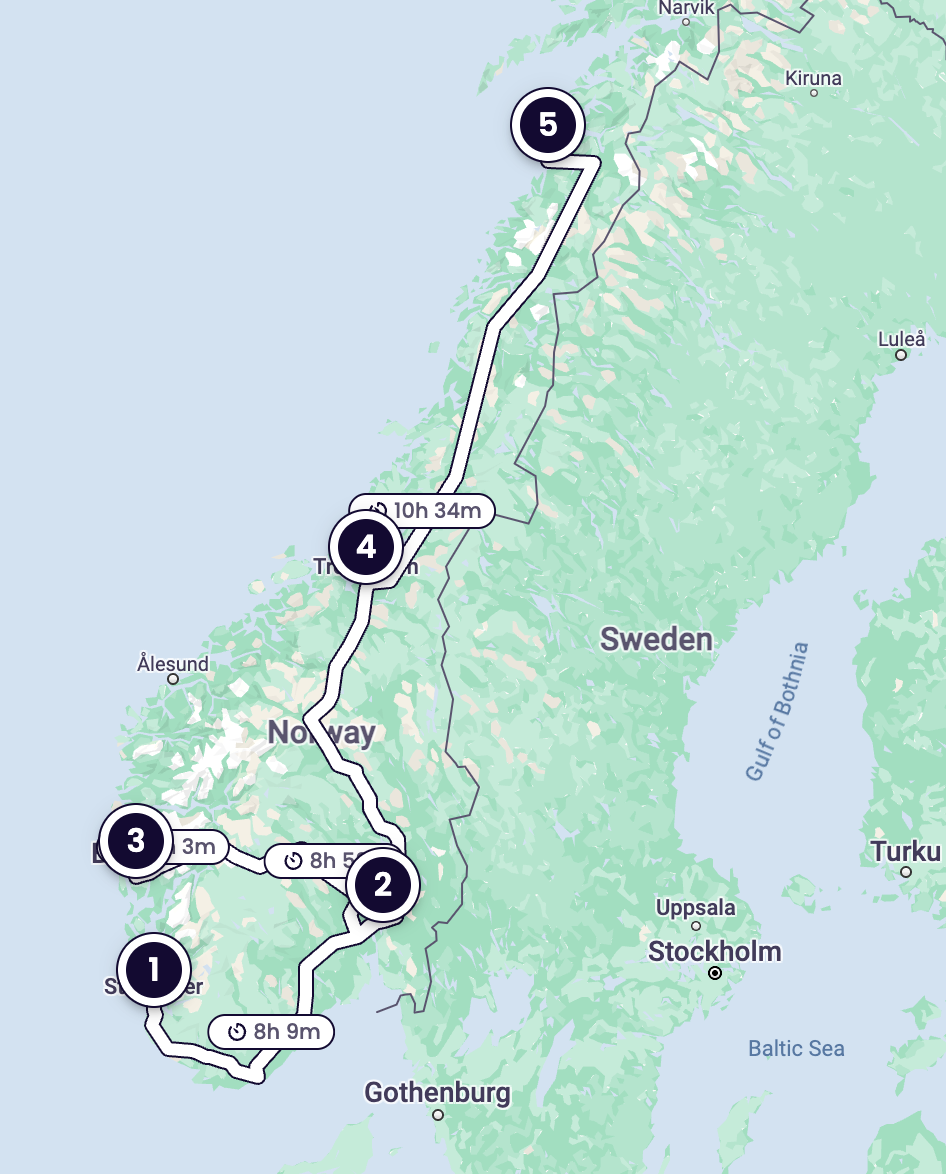 Mapa de la ruta a través de Noruega