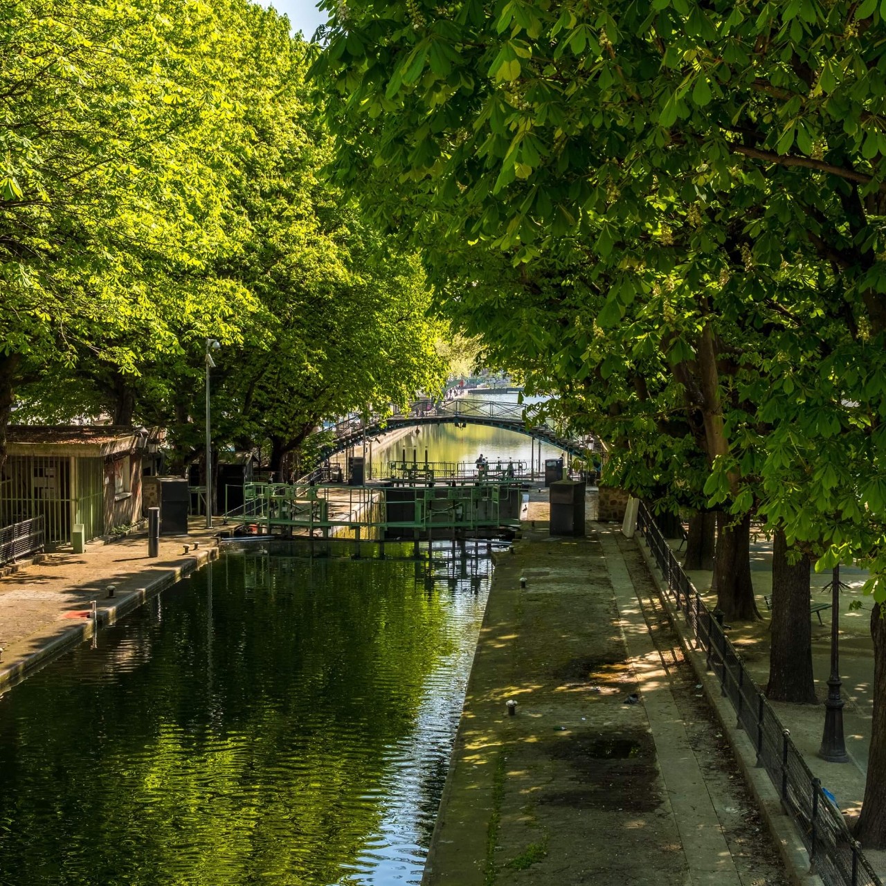 Una vista del Canal St. Martin, bordeado de frondosos árboles verdes