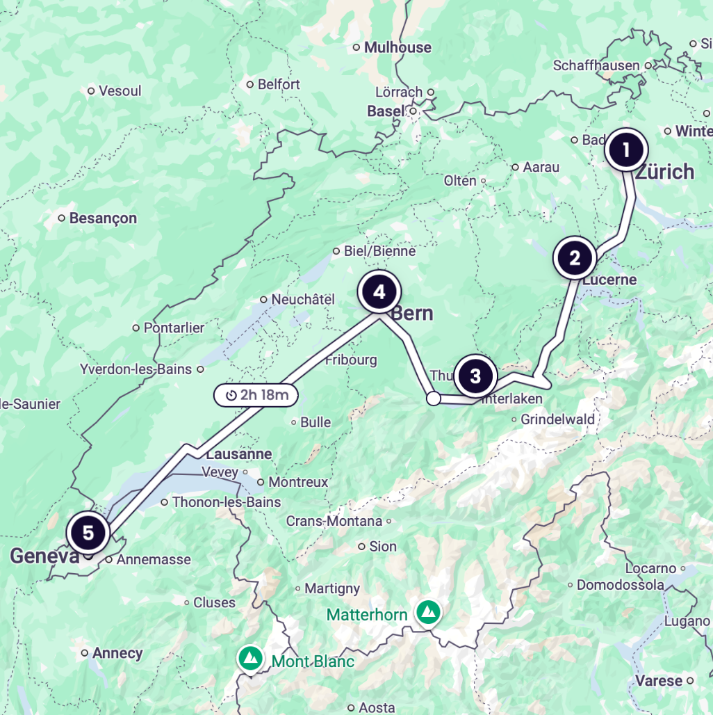 スイスを通る列車の旅程の地図