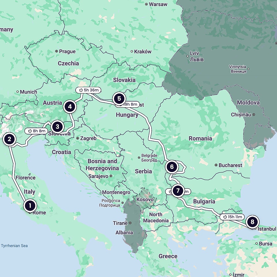 Mapa mostrando a rota de Roma a Istambul
