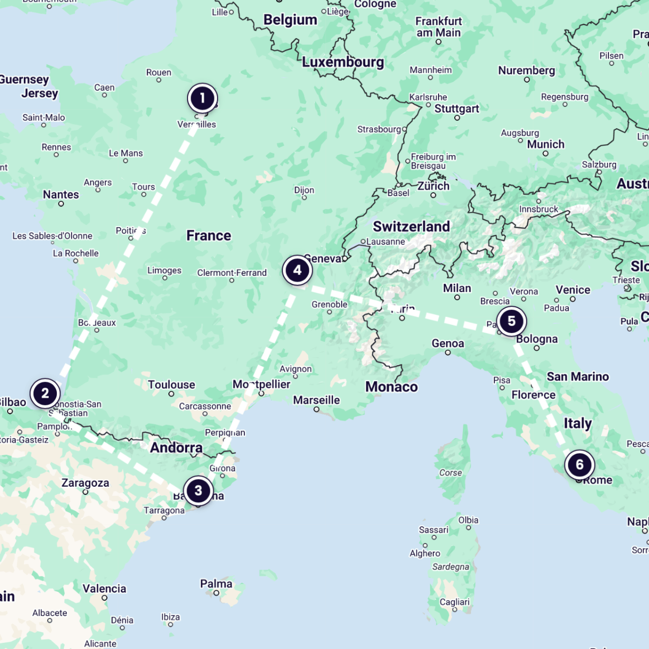 Mapa mostrando a rota para Paris, San Sebastian, Barcelona, Lyon, Emília Romanha e Roma