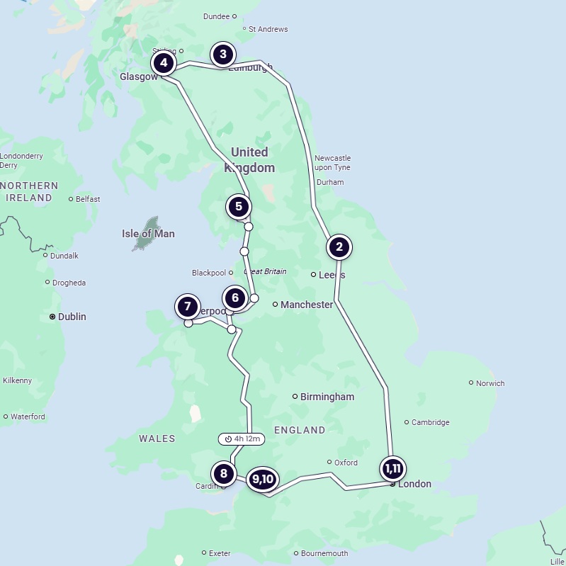Um mapa do itinerário, que vai de Londres (sudeste da Inglaterra) ao norte da Inglaterra e à Escócia; depois ao sul, ao norte do País de Gales, ao sul do País de Gales e ao sudoeste da Inglaterra e de volta a Londres.