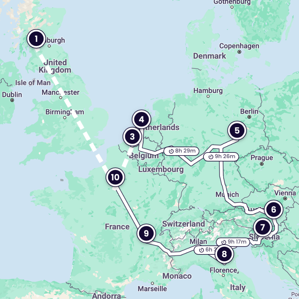 Um mapa com a rota do trem de Hamburgo a Bordeaux, com paradas em Bremen, Amsterdã, Haia, Gante, Bruges e Paris ao longo do trajeto